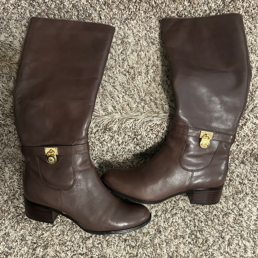 Michael Kors Brown Tall Boots w/MK Locket Women's Sz 9.5 Excellent Condition